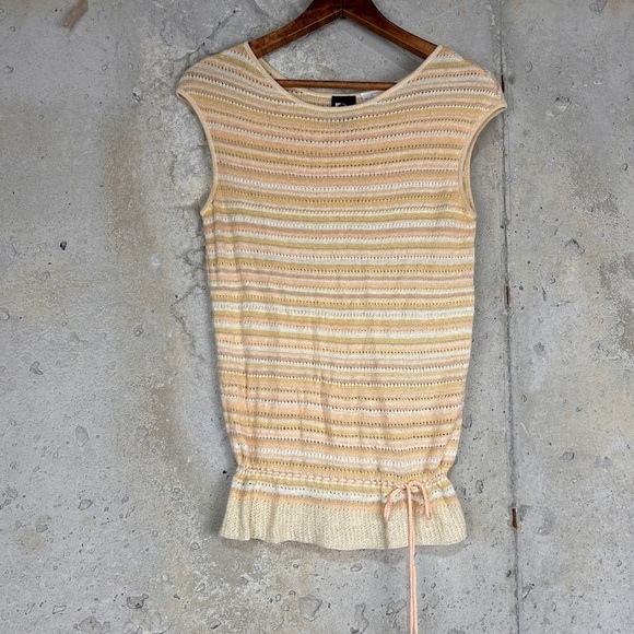 Vintage70s thyme yellow coral tan striped knit sleeveless top medium - Picture 1 of 5